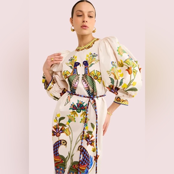 New ALEMAIS Effie puff sleeve midi dress in pearl - Picture 3 of 16